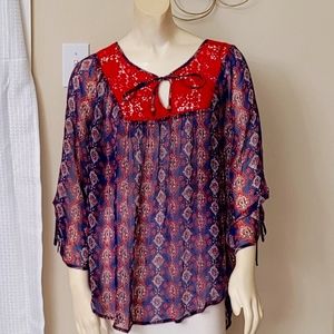 Lucky Brand Boho Peasant Blouse Top Blue XXL Soft 100% Rayon Semisheer Crochet
